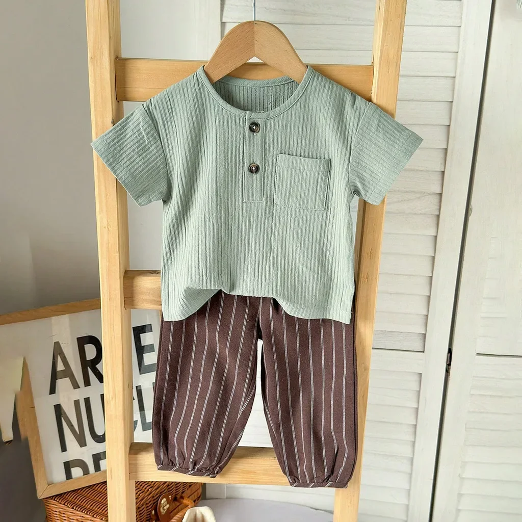 

Baby Boy Clothes Set Comfortable Top+Striped Trousers 2pcs Summer Casual Clothes Korean Style Clothes for Toddlers Boy 0-3Years