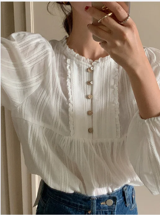 Chique Elegante O-hals Knoppen Vrouwen Blouses Tops Lange Mouw Losse Vrouwelijke Trui Shirts 2023 Lente Dames Solid Blusas