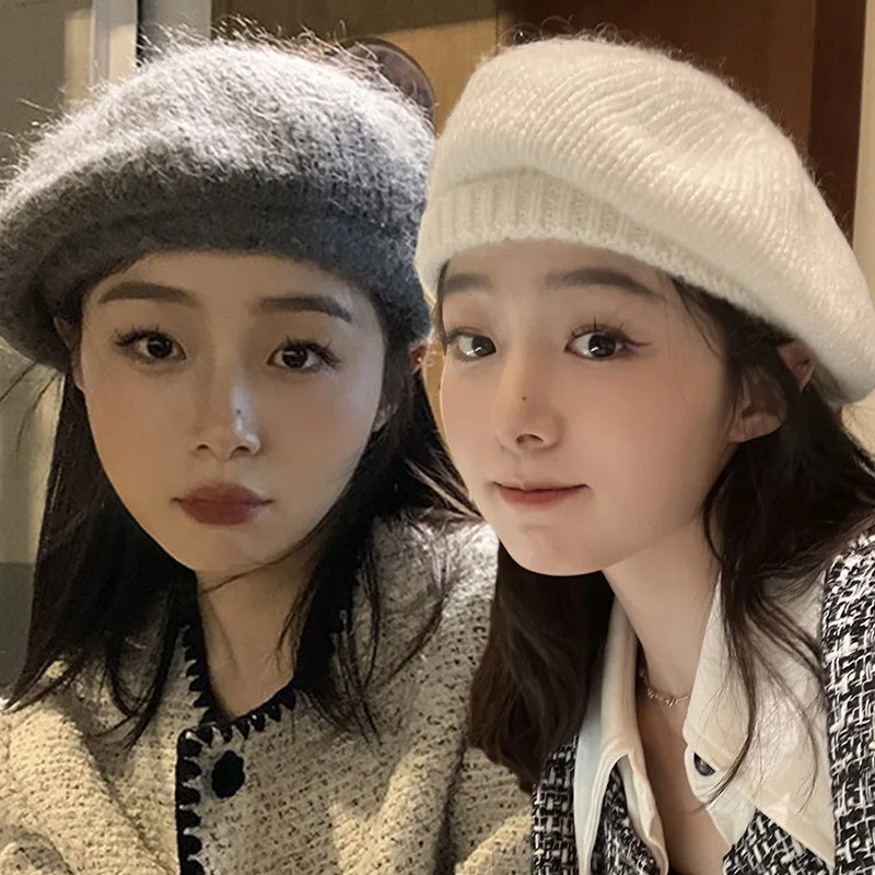 Autumn Elegant Premium Feel Versatile Mohair Knitted Hats for Women Winter Plush Kawaii Caps Highly Elastic Super Soft Berets