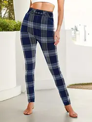 CUHAKCI Style Fashion Checkered Striped Denim Bottom Pants With Elastic Women's Cropped Leggings Worn On The Outside