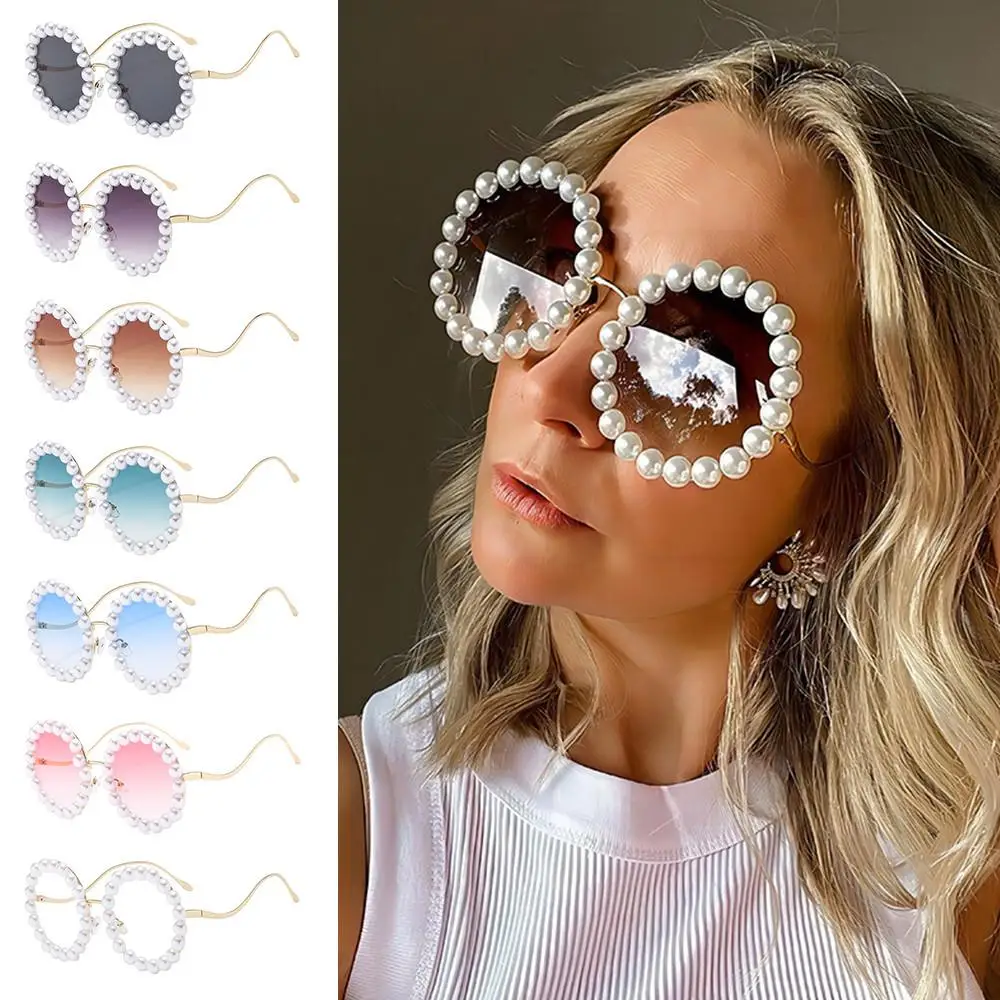 

Unique Pearl Sunglasses Fashion INS Style Vintage Party Glasses Trendy Luxury Wavy Metal Temples Shades for Women