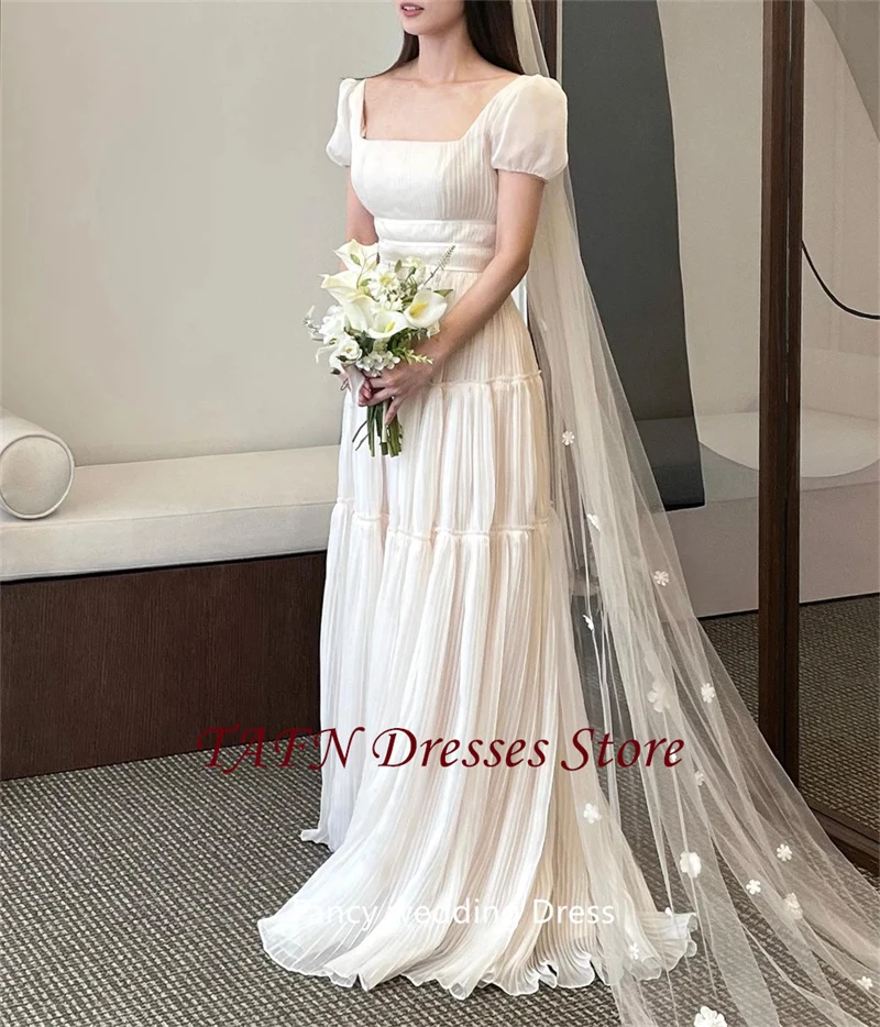 

TAFN Elegant Square Neck Korea Wedding Dresses Short Sleeve Chiffon Tiered Ruffles Bridal Dress Beach Bride Gown customized