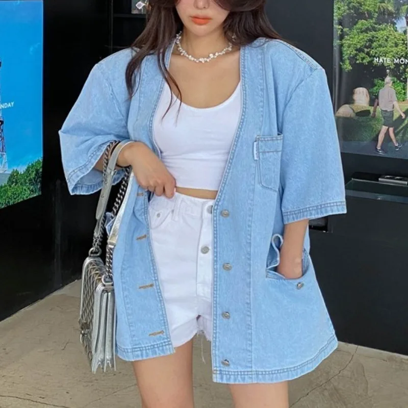 

Vintage Puff Half Sleeve V Neck Jacket Single-Breasted Jean Shirts Women High Street Female Loose Pockets Denim Coat Tops Summer