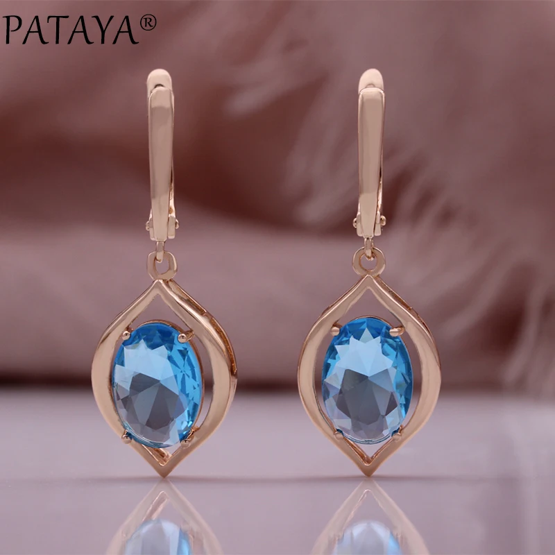 PATAYA Blue Zircon Women 585 Gold Rose Color Round Cubic Zircon Pendant Earrings Rings Sets Optional Necklace Chain Jewelry