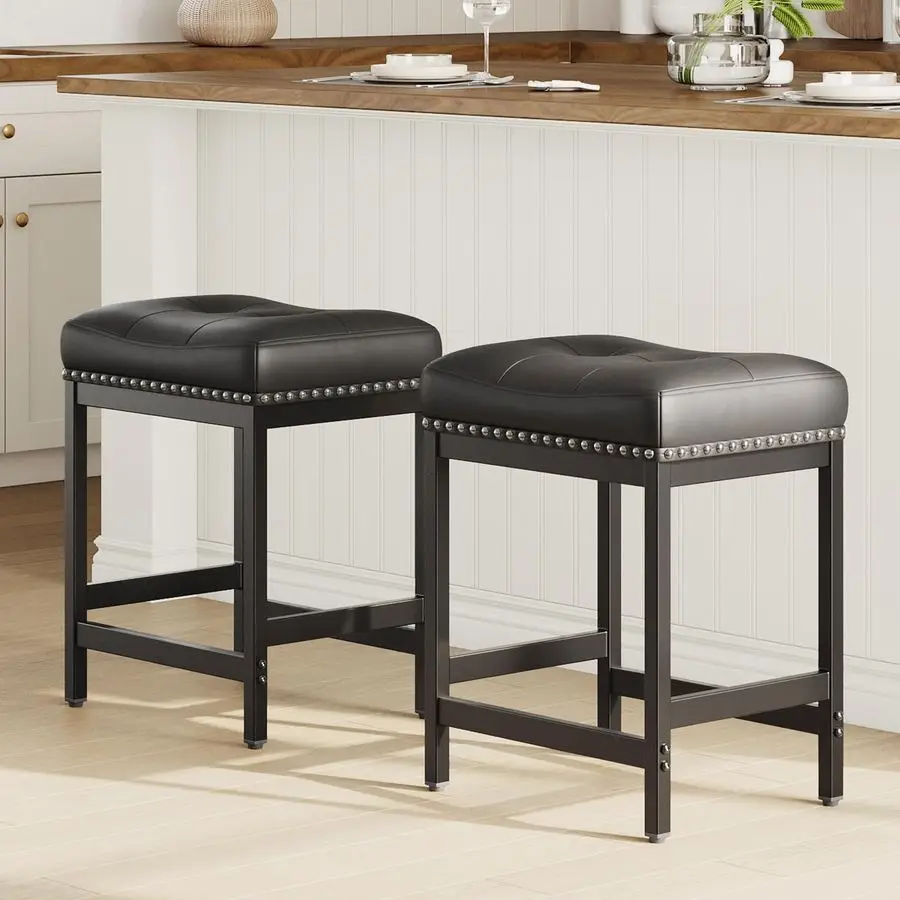 

Set of 2 Saddle Bar Stools Counter Height 24.4, Black Backless Barstools for Kitchen Island, Modern PU Leather Cushioned Seat,