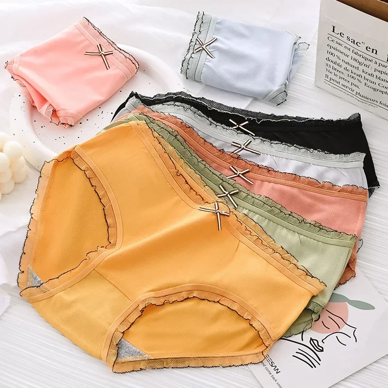 Underwear Women  Panties Sexy Lace Mid Waist Briefs Breathable Underpants Plus Size Pantys Solid Color Lingerie