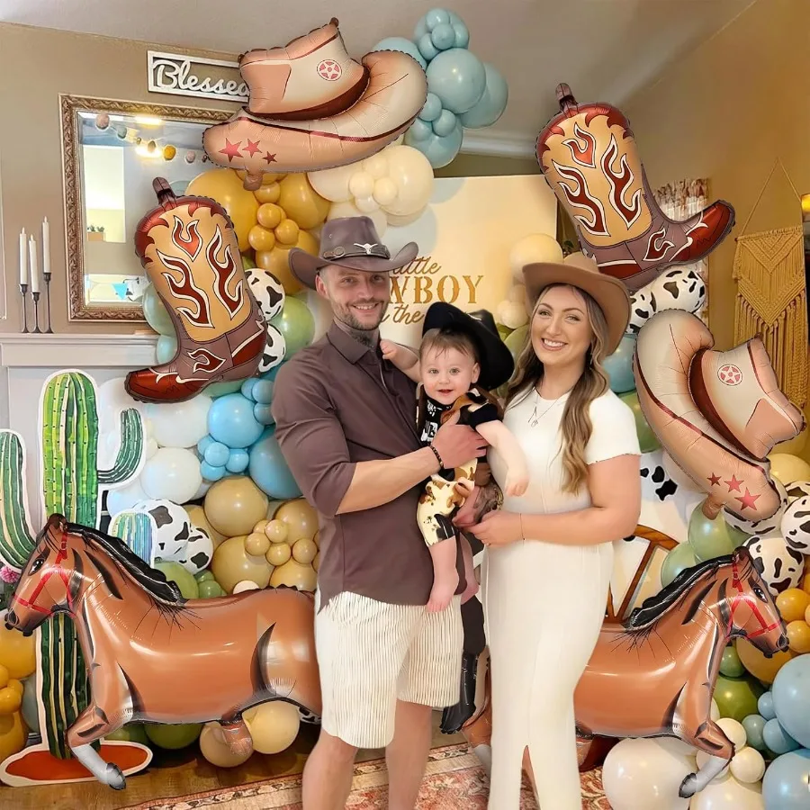 6개 서부 테마 파티 풍선 대형 카우걸 모자 부츠 호우 포일 풍선 카우보이 생일 파티 장식 (원시 서부 테마)