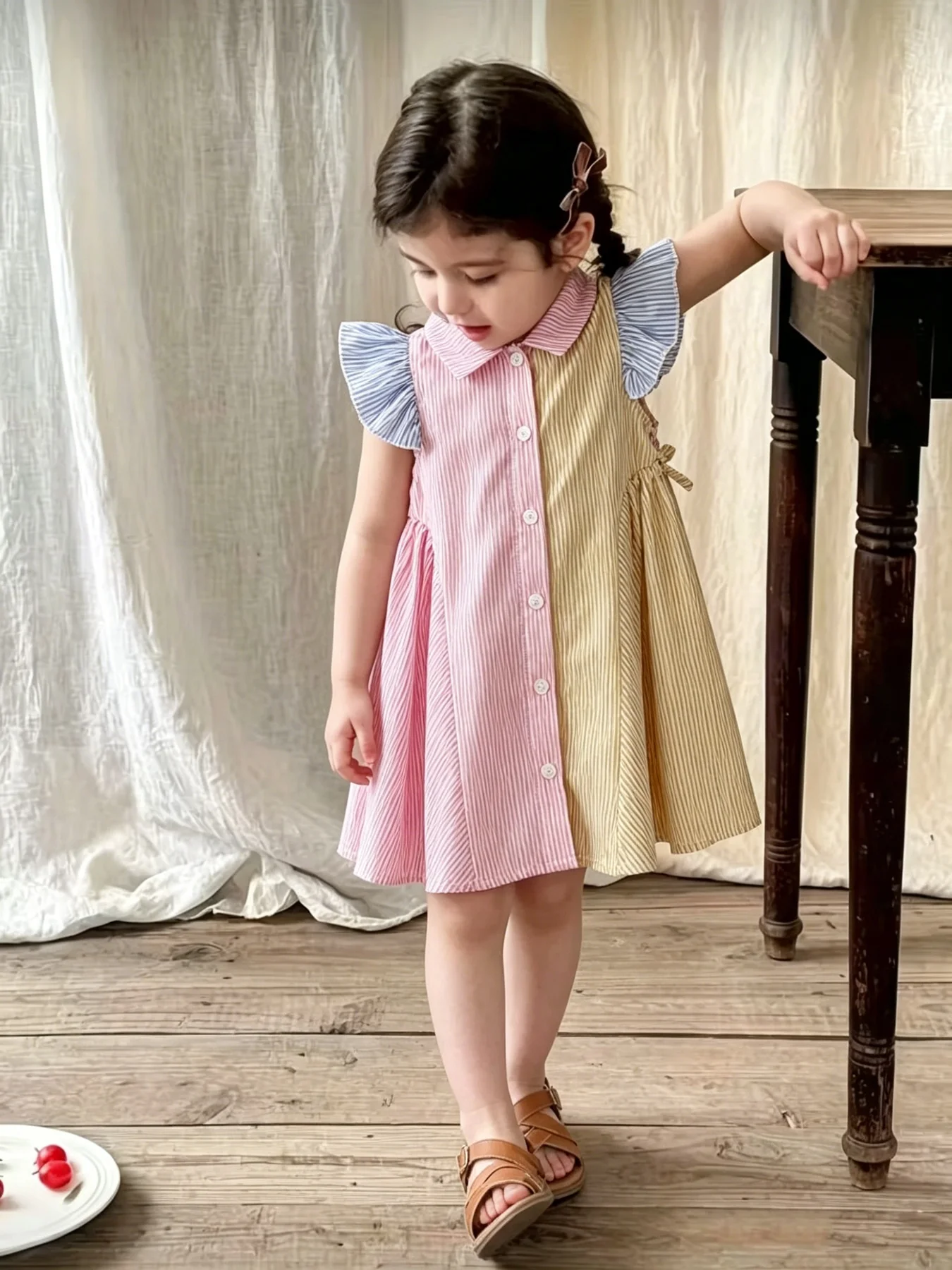 Gestreiftes Kleid mit Farbblock-Design für Kinder, Baby-Kragen, ärmellos, mit Rüschenkante, einreihig, knielang, für Mädchen – Detail 5
