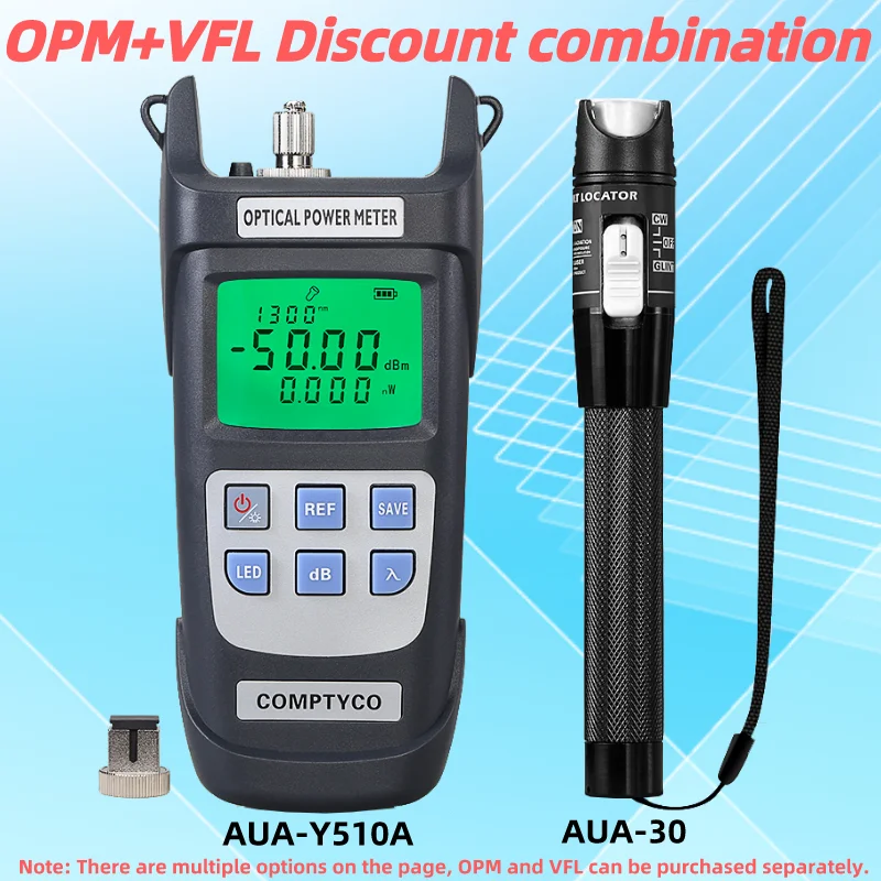 

AUA-Y510A Optical Power Meter(OPM -50 ~+26dBm)&Visual Fault Locator(30/1/10/20/50mw VFL) FTTH Fiber Tester Tool Kit (Optional)