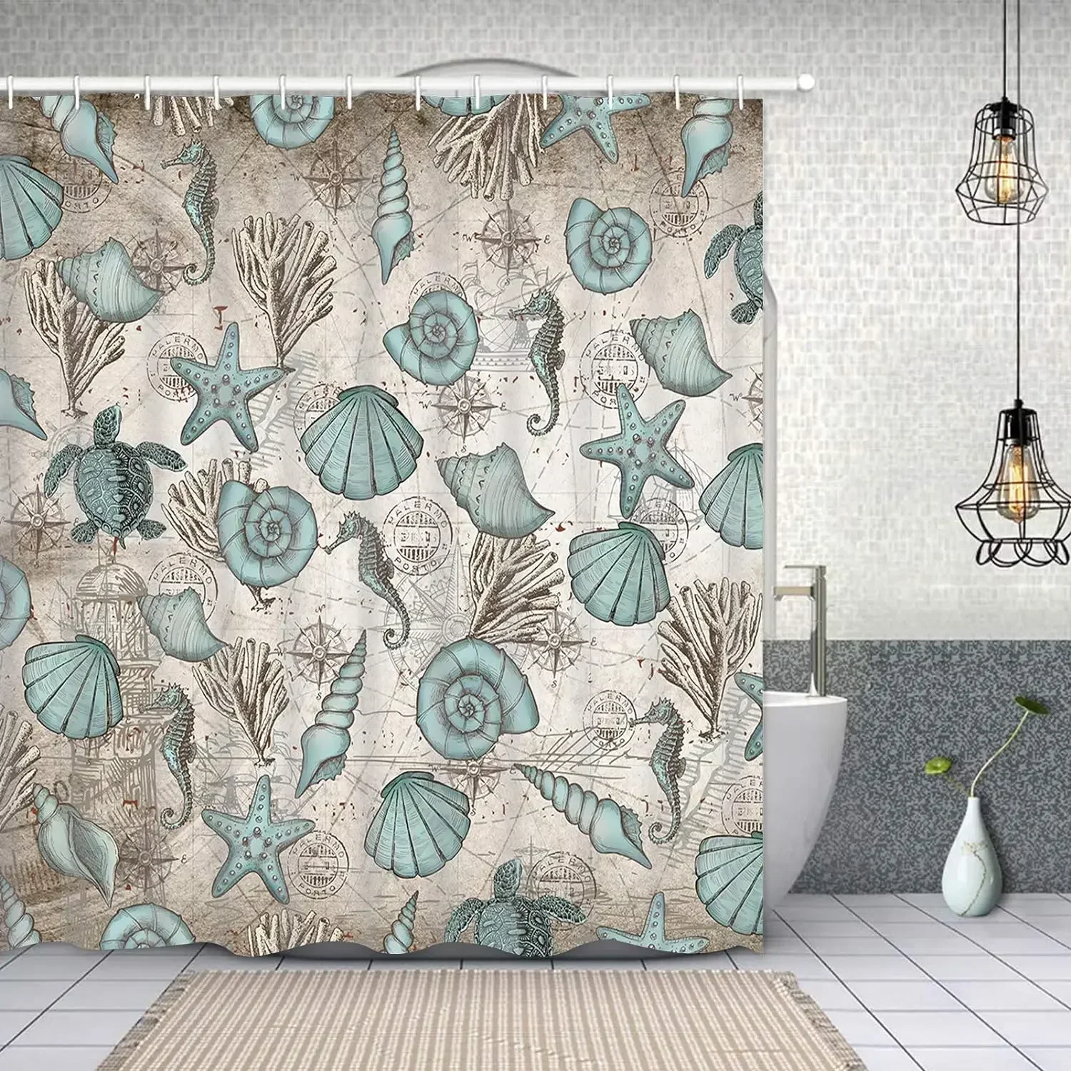 Nautical Lighthouse Shower Curtain, Beach Seashell Starfish Waterproof Fabric Machine Washable for Bathroom Bathtub Decor