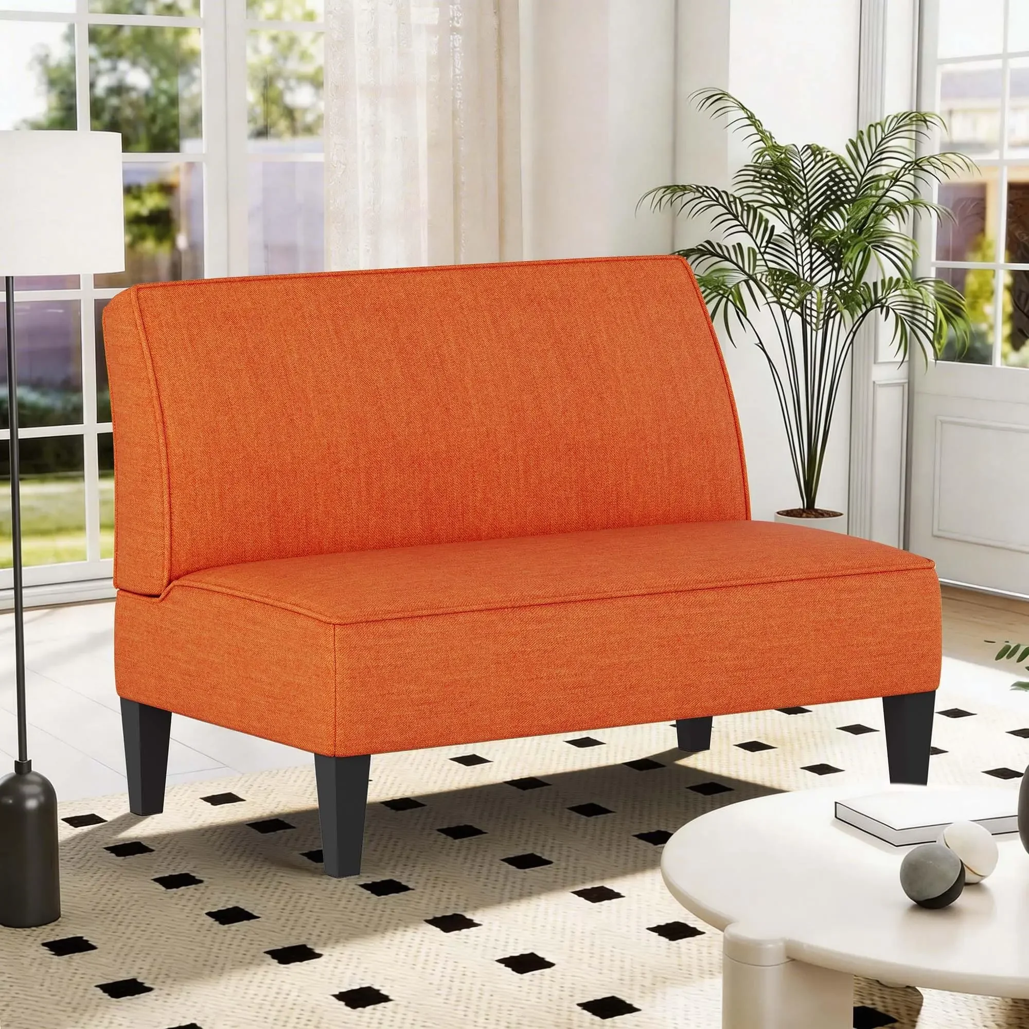 with Back Living Room Bedroom Office Armless Love Seat Small Loveseat, Blue Mini Sofa Couch Accent Upholstered Bench