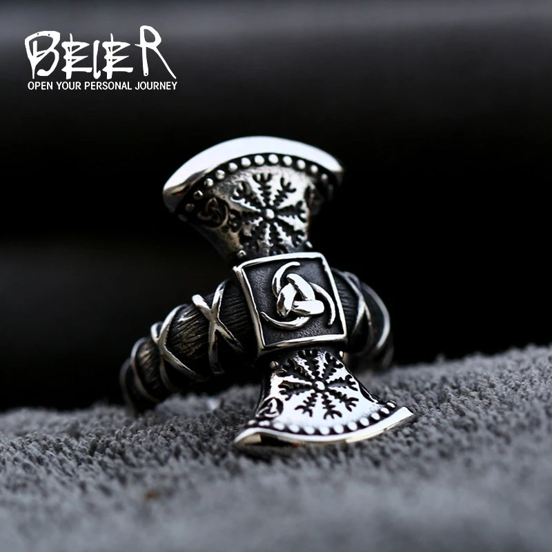 2022 Beier New Creative Design Viking Double Axes Axe Compass Ring Men Boy Nordic Viking Wholesale