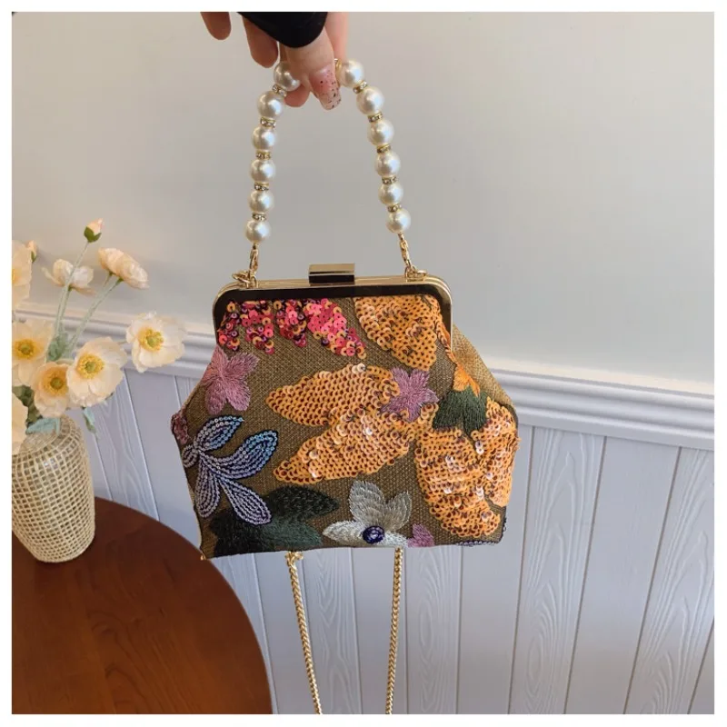 

Ткань с бисером, высококачественные сумки через плечо с цепочками, однотонная сумка с принтом, 2025 г., простые модные женские сумки на плечо Bolso