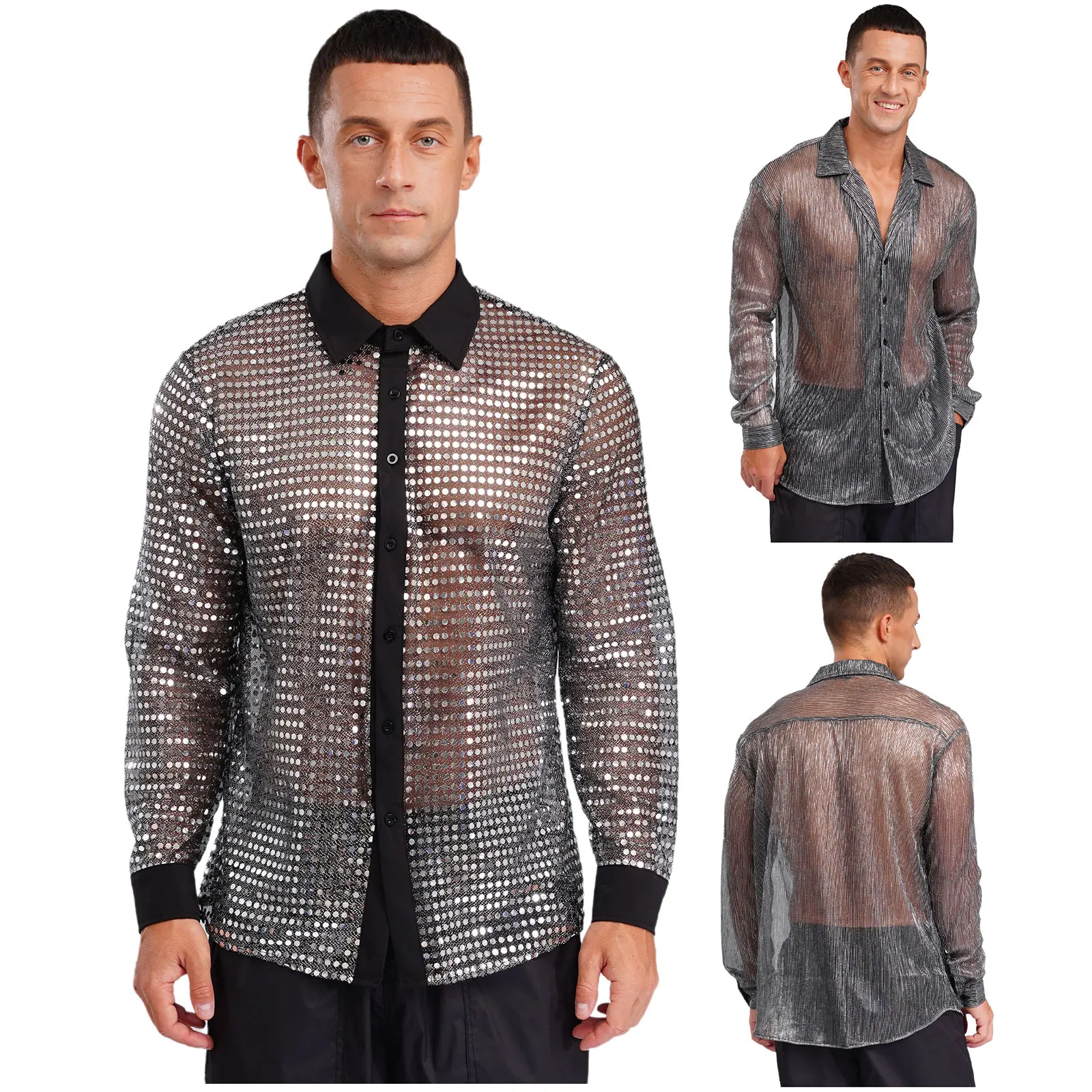 

Mens Sparkly Sequins See Through Tee Shirts Dance Disco Lapel Collar Long Sleeves Buttons Shirt Tops Sexy Party Club Wear
