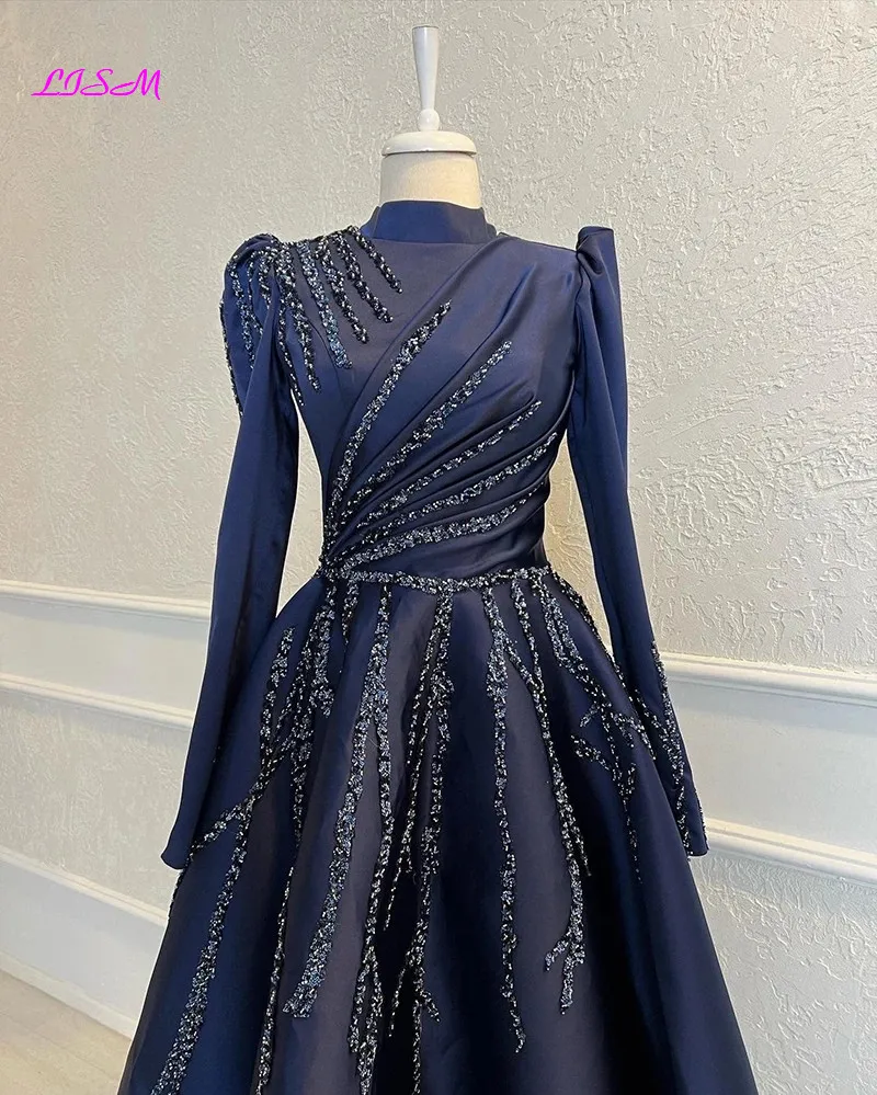 Navy Satin Beaded Long Sleeve Muslim Evening Dresses Moroccan Caftan High Neck Formal Party Ball Gowns Robe De Soiree