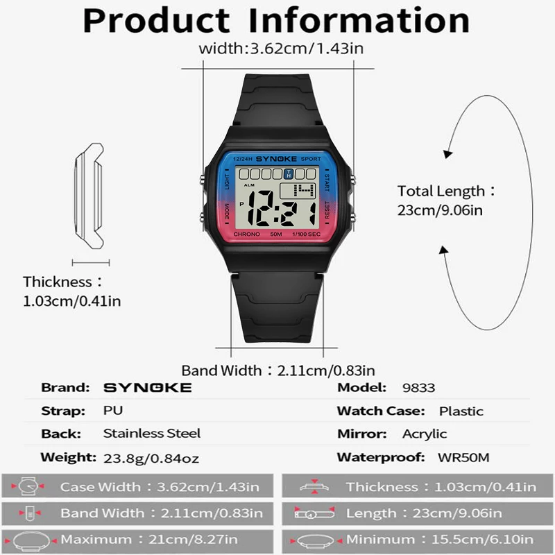 Synoke Waterproof Digital Sport's Watches PU Strap Retro Simple 12/24 Hour Display Men's Multifunction Led Chronograp Wristwatch