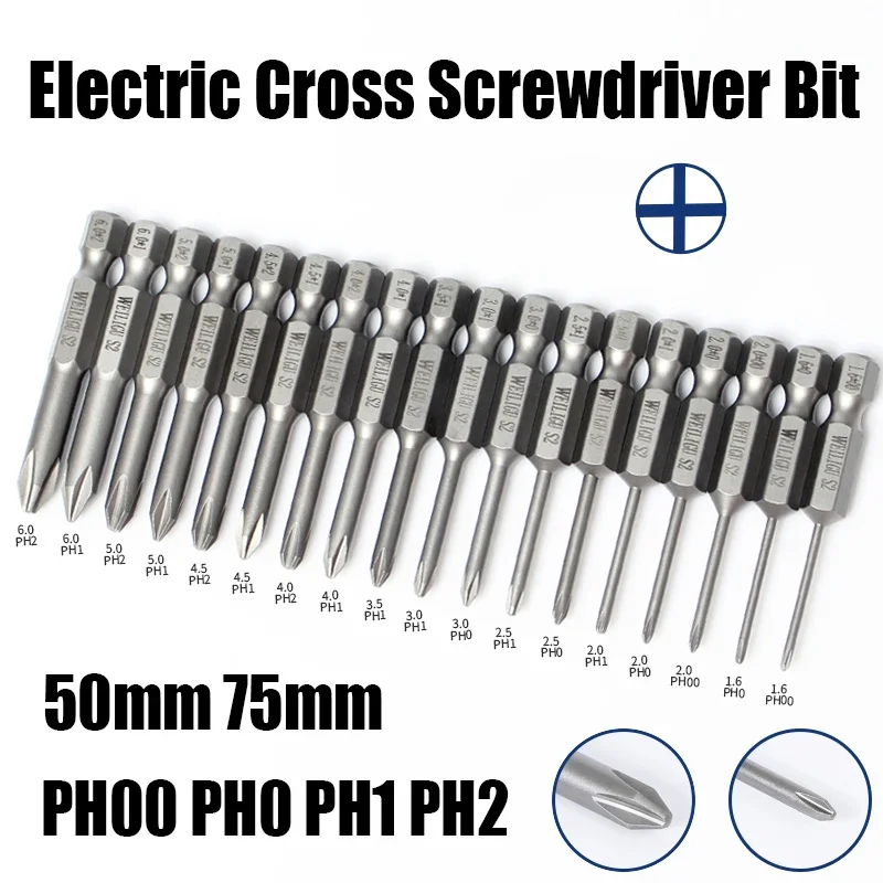 

1PCS 50mm 75mm Electric Cross Screwdriver Bit PH00-PH2 Impact Screw Driver Bit Hex Shank Phillips Magnetic Batch Head Drill Bit