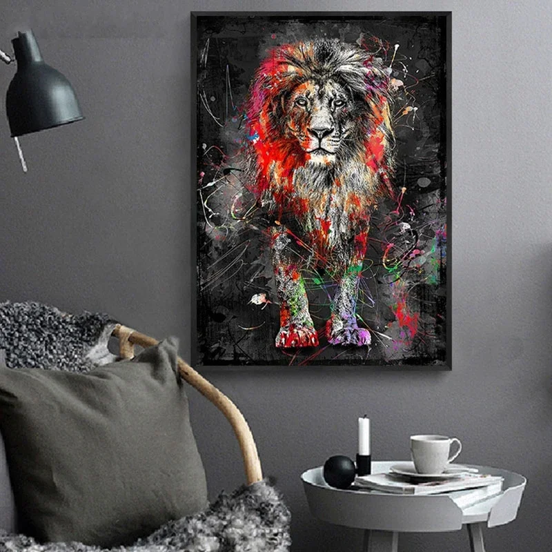 Pintura en Lienzo de León Colorido con Graffiti, Arte Abstracto de Animales, Póster Impreso, Cuadros Decorativos para Decoración del Hogar