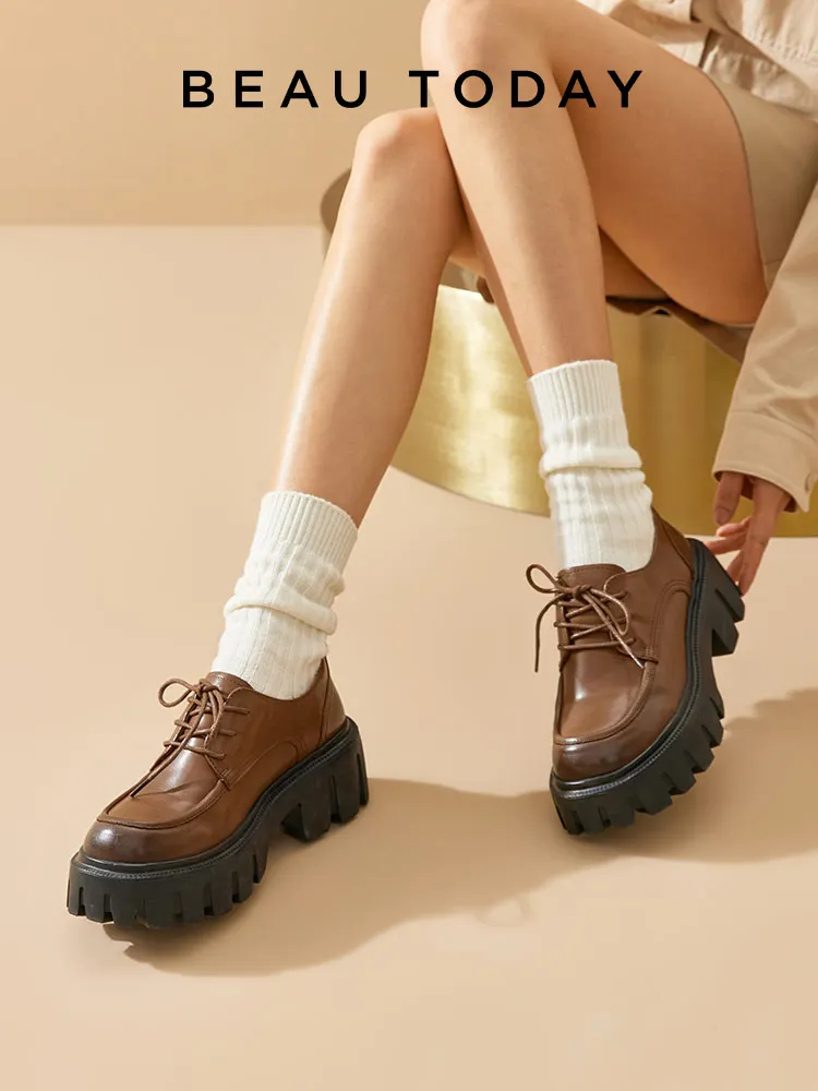 BeauToday Casual Shoes Women Cow Leather Derbys Round Toe Lace Up Thick Sole Ladies Dress Flats Handmade C21894