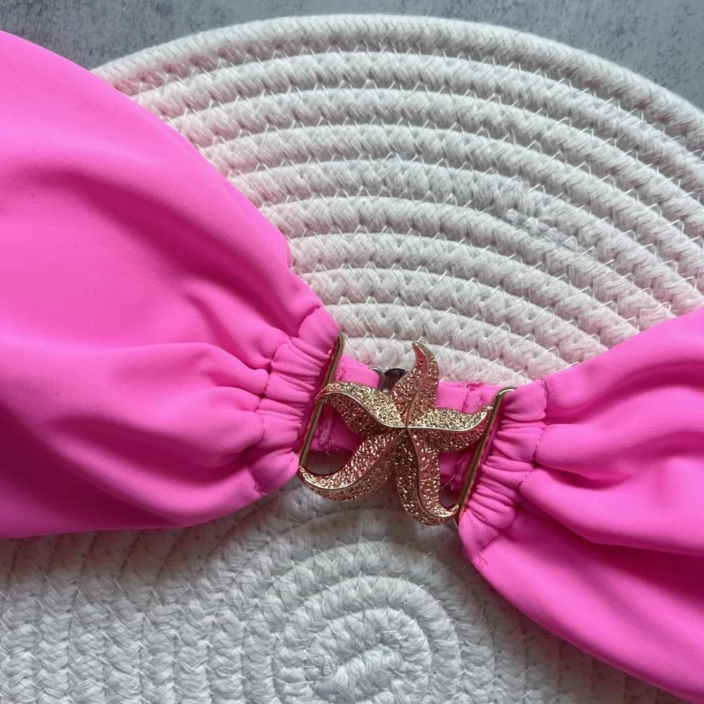 Sexy Star Applique Bikini Set Women Solid Color Backless Two Piece Swimsuit Nylon Fabric Beachwear Bikini Set Women's Swimsuit B