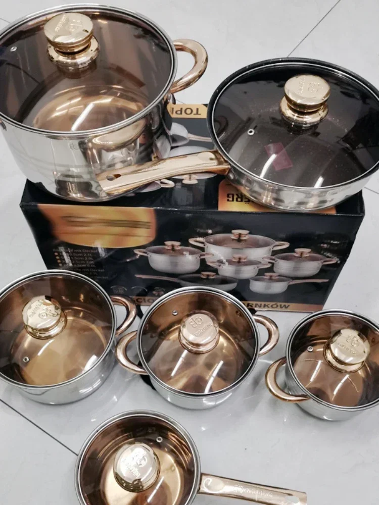 Cross-border foreign trade Vietnam 12 pieces set pot pan 201 stainless steel twelve piece set pot golden handle