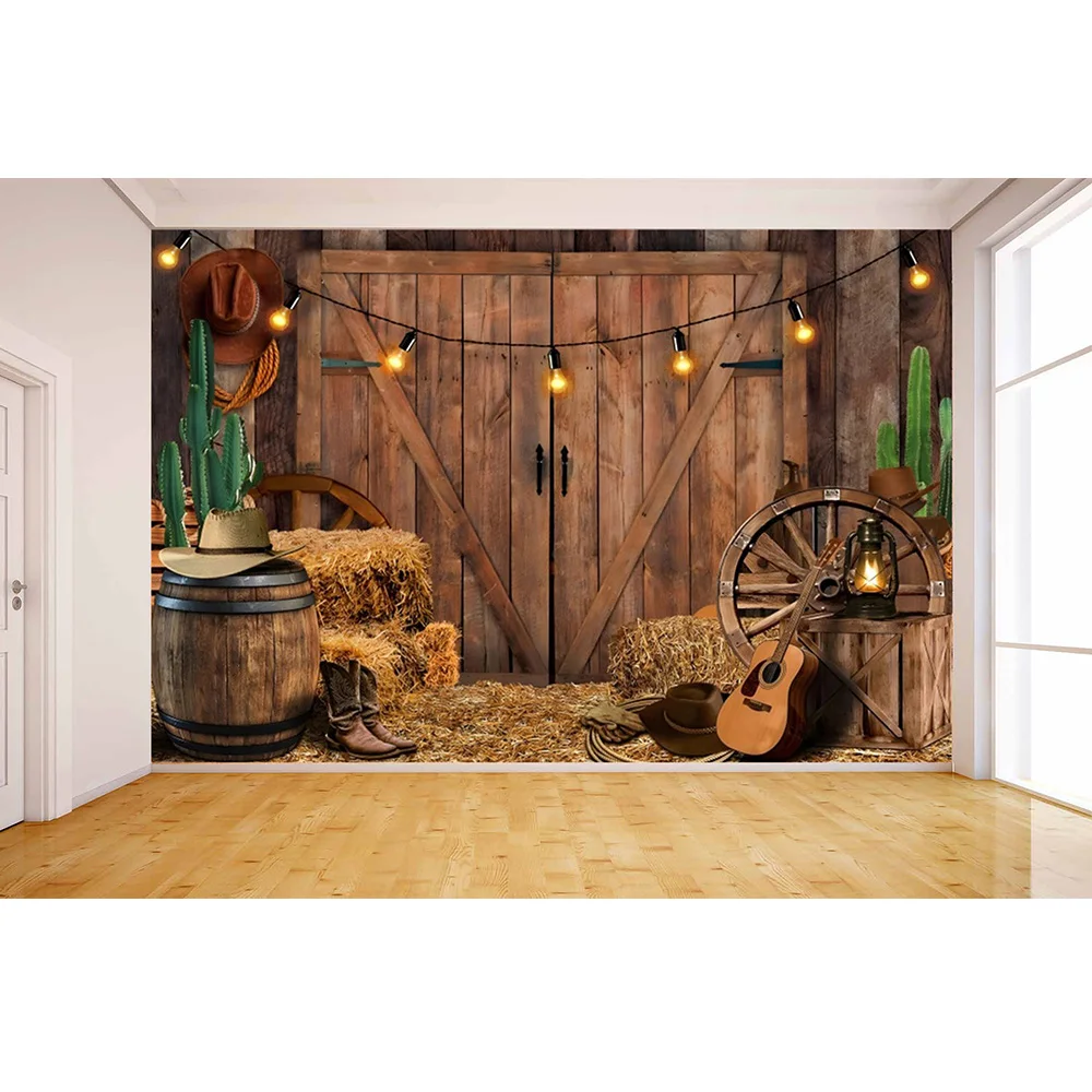 Western Cowboy Background Fabric Themed Party Decoration Retro Farm Wooden Countryside Style Decoration Photography Background