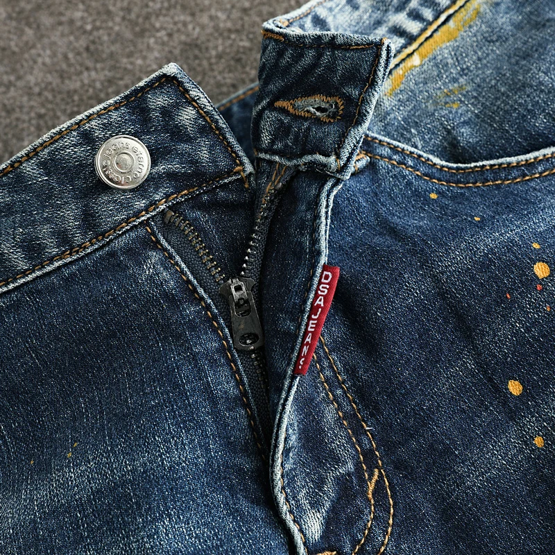 

Y2K fashion men's jeans stretch slim fit painted ripple jeans men's patchwork designer hip-hop retro denim retro blue pants h