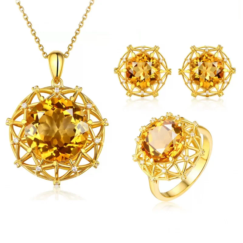 Exaggerated 10-carat oversized imitation natural yellow crystal ring, earrings, necklace set, suitable for women's wedding, fash