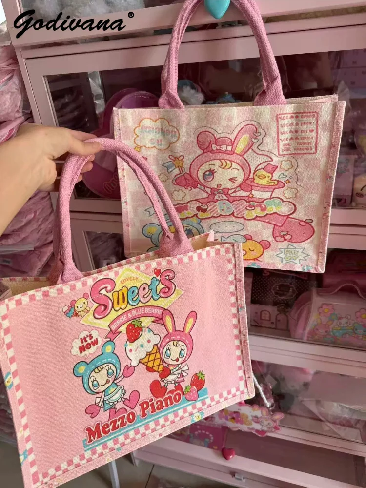 Kawaii Canvas Tote Bag for Girls Cute Printed Pink Handbag Large Capacity Sweet Daughter Girls Shopping Shoulder Bag