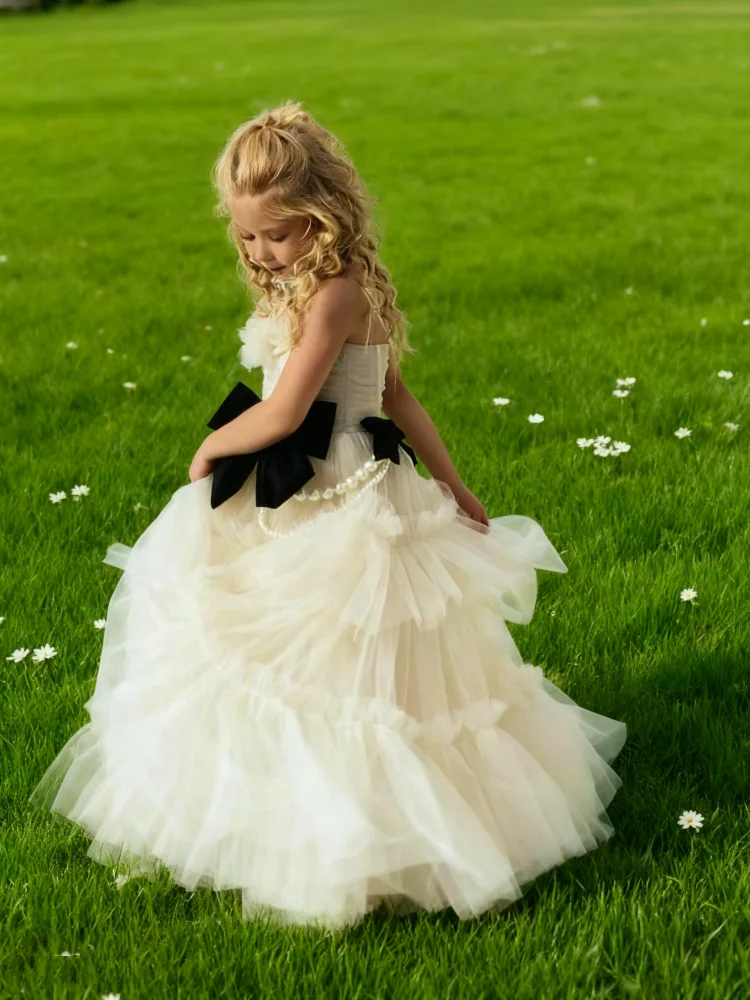 Custom Flower Girl Dress Fluffy Beaded Tulle Skirt with Bow for Wedding Children's Birthday Parties First Communion Girls Outfit