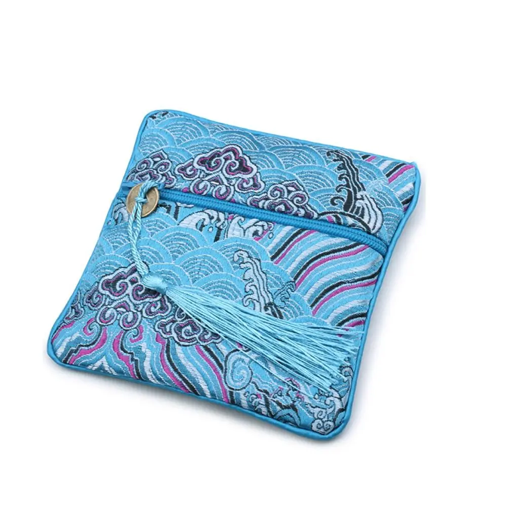 Organizzatore di gioielli in seta stile cinese Portamonete Borsa in broccato ricamato Borsa con cerniera modello onda marina Borsa per gioielli