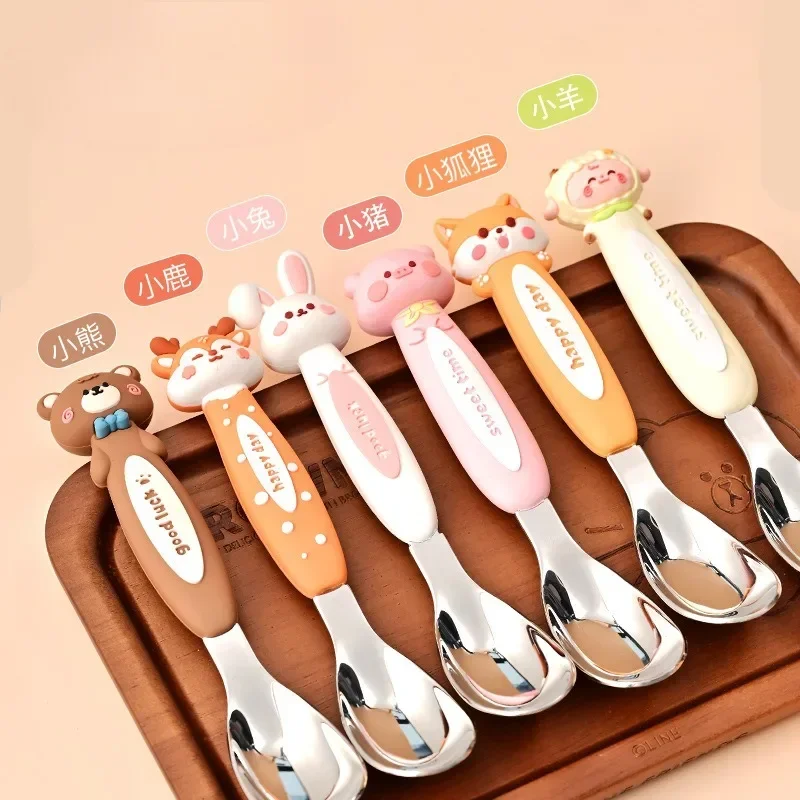 Cartoon Children\'s Tableware Spoon Stainless Steel Children\'s Meals Dessert Fruit Spoon Children Complementary Food Accessories