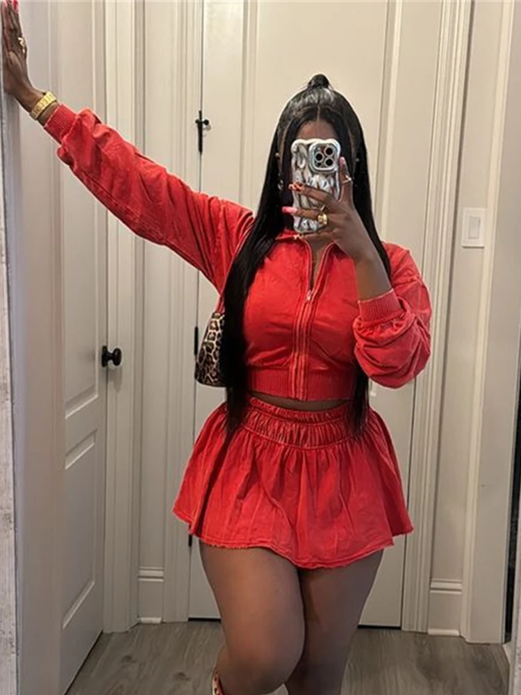 

Distressed Style 2 Piece Set Women Full Sleeve Cardigan Crop Jacket+Elastic Waist Mini Skirts Hottie Street Fashion Suits