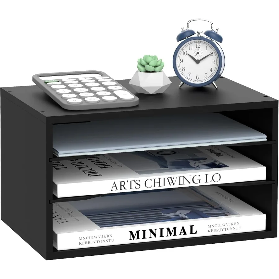 SUPEASY Organizador de escritorio de madera - Organizador de archivos de papel de 3 niveles para oficina, escuela y uso doméstico, negro - Solución de almacenamiento eficiente con