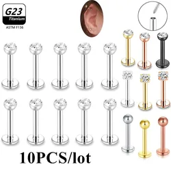10 Pcs/Lot Ear Helix Piercings Titanium Labret Piercing CZ Studs Body Pircing Jewelry Lip Ring Crystal Tragus Earring Cartilage