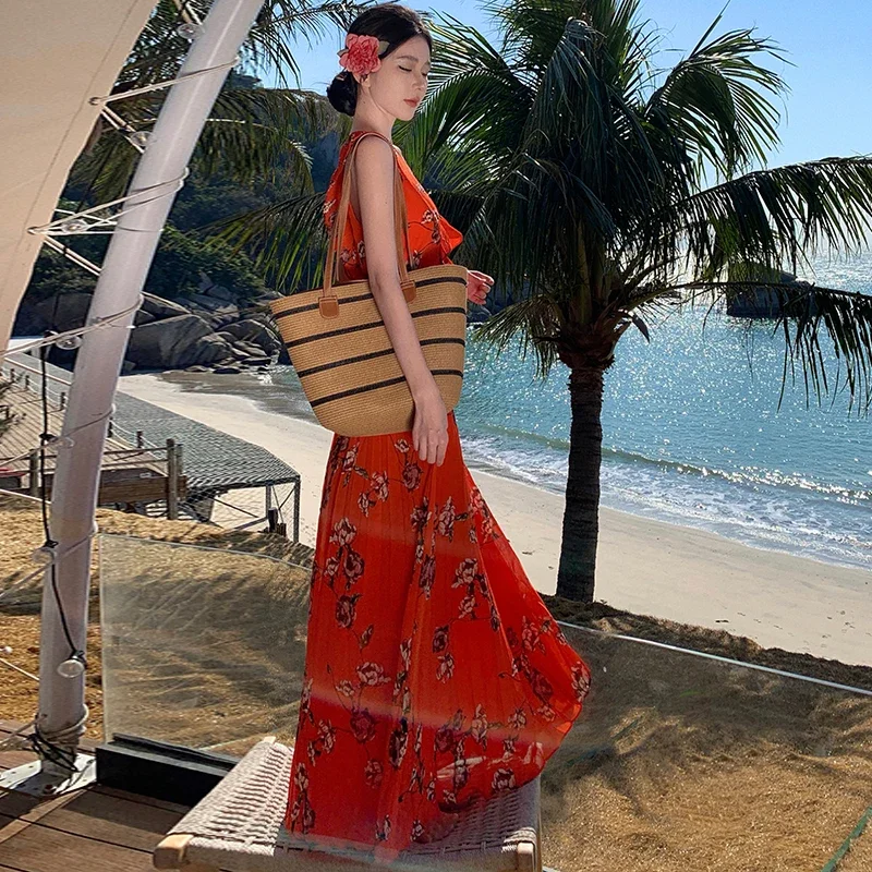 2025 verão francês flor vermelha impressão chiffon férias vestido longo feminino decote em v sem mangas babados sexy sem costas boho plissado robe