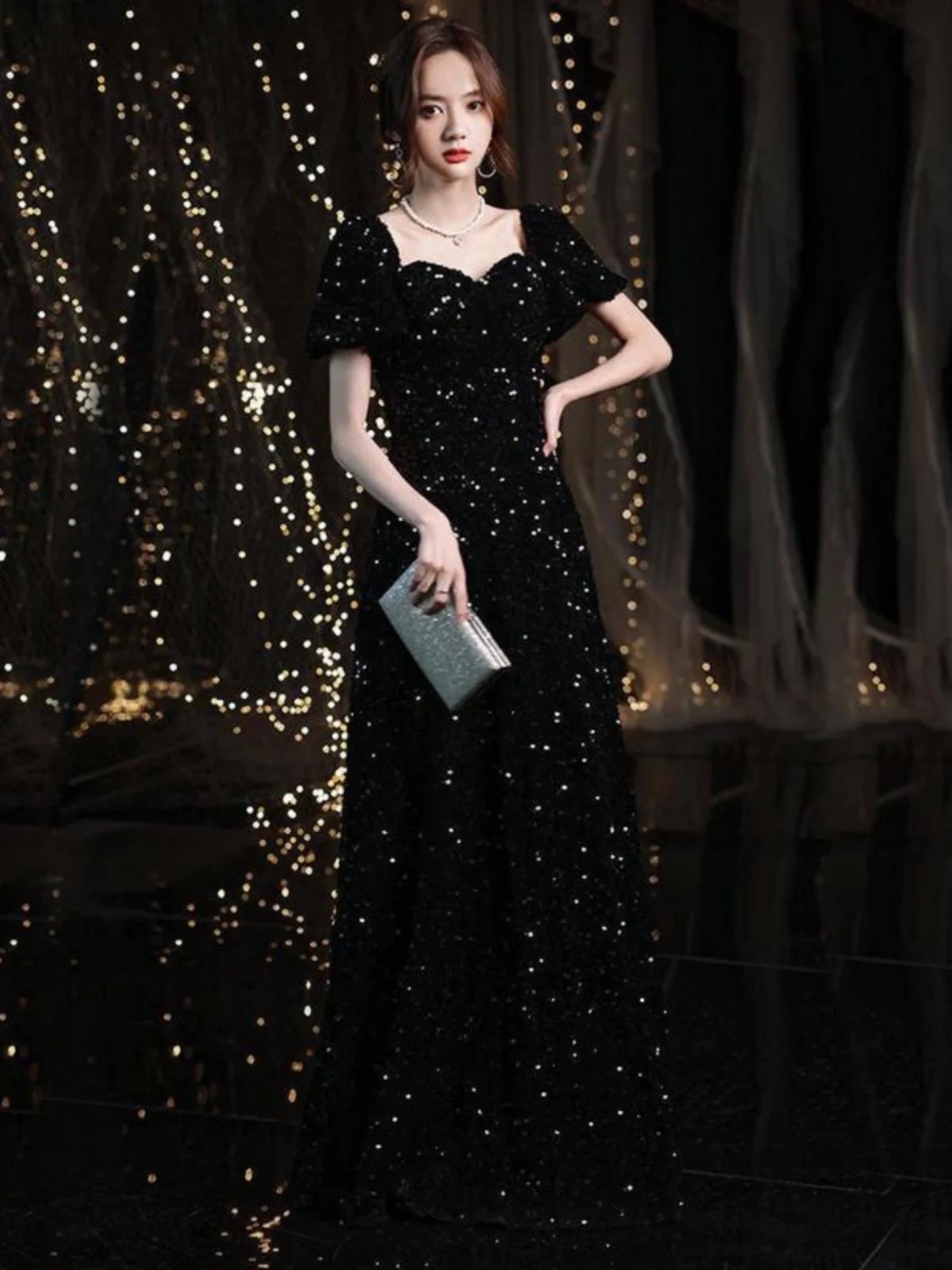 Ele Bla Sequin Evening Dr Women's Ball Host Performance Outfit High Waist A-Line Skirt ort Sve One-oulder