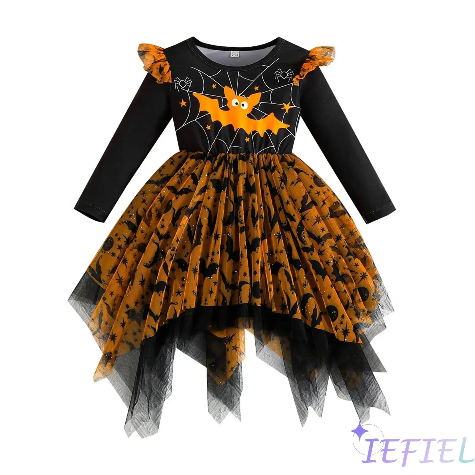 

Enchanting Bat Themed Gown for Girls Delicate Ruffled Mesh Cosplay Dress with Long Sleeves for Halloween Christmas Party Events