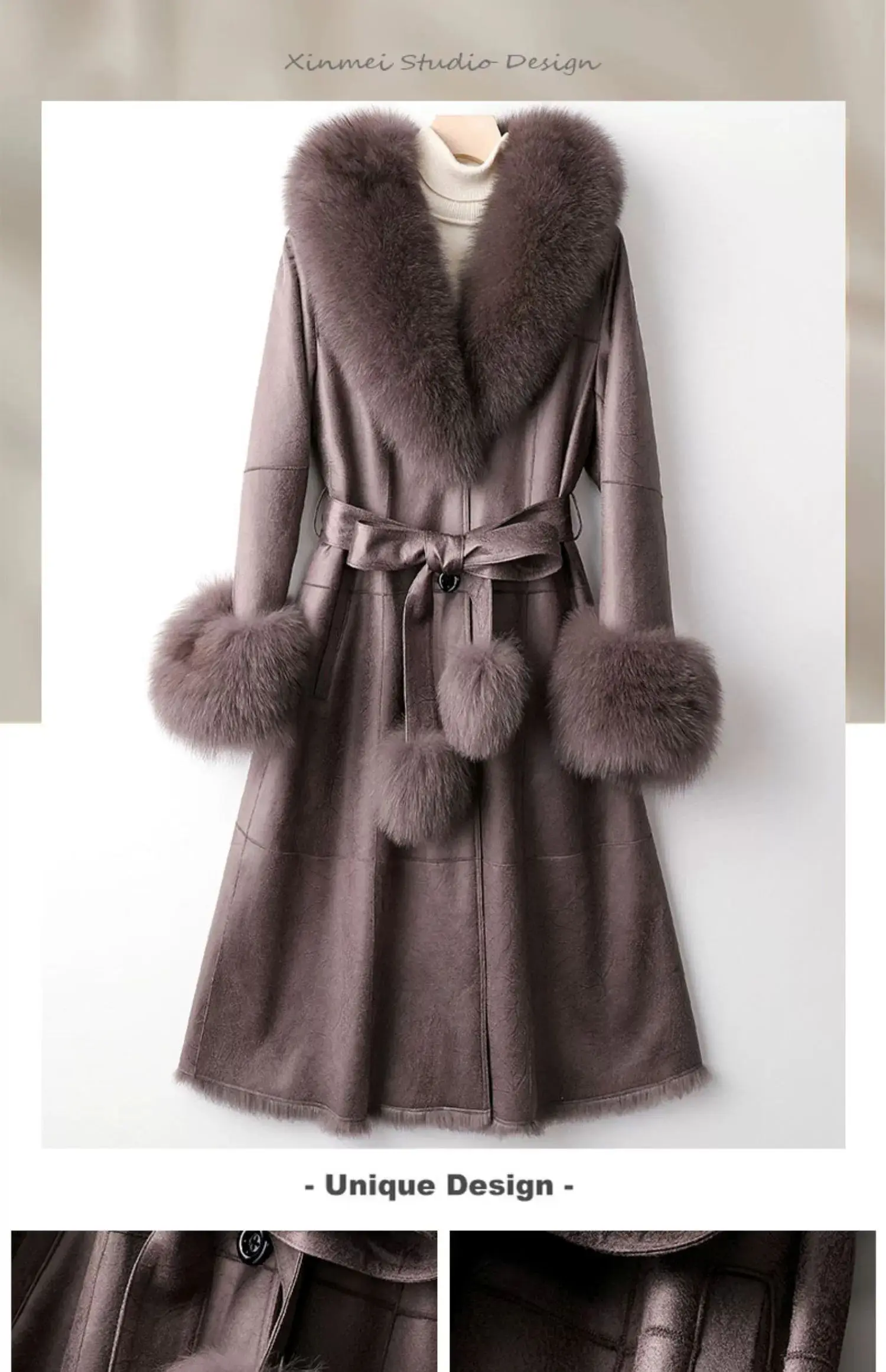 2023 New Rabbit Fur One Piece Coat for Women Mid length Fox Fur Collar Lace up Slim Fit Haining Fur Coat for Women