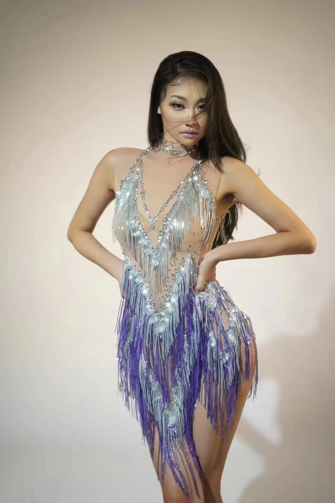 

Iris Gradient Tassel Latin Dance Competition Costume Talent Performance Dress Prom Performance Costume