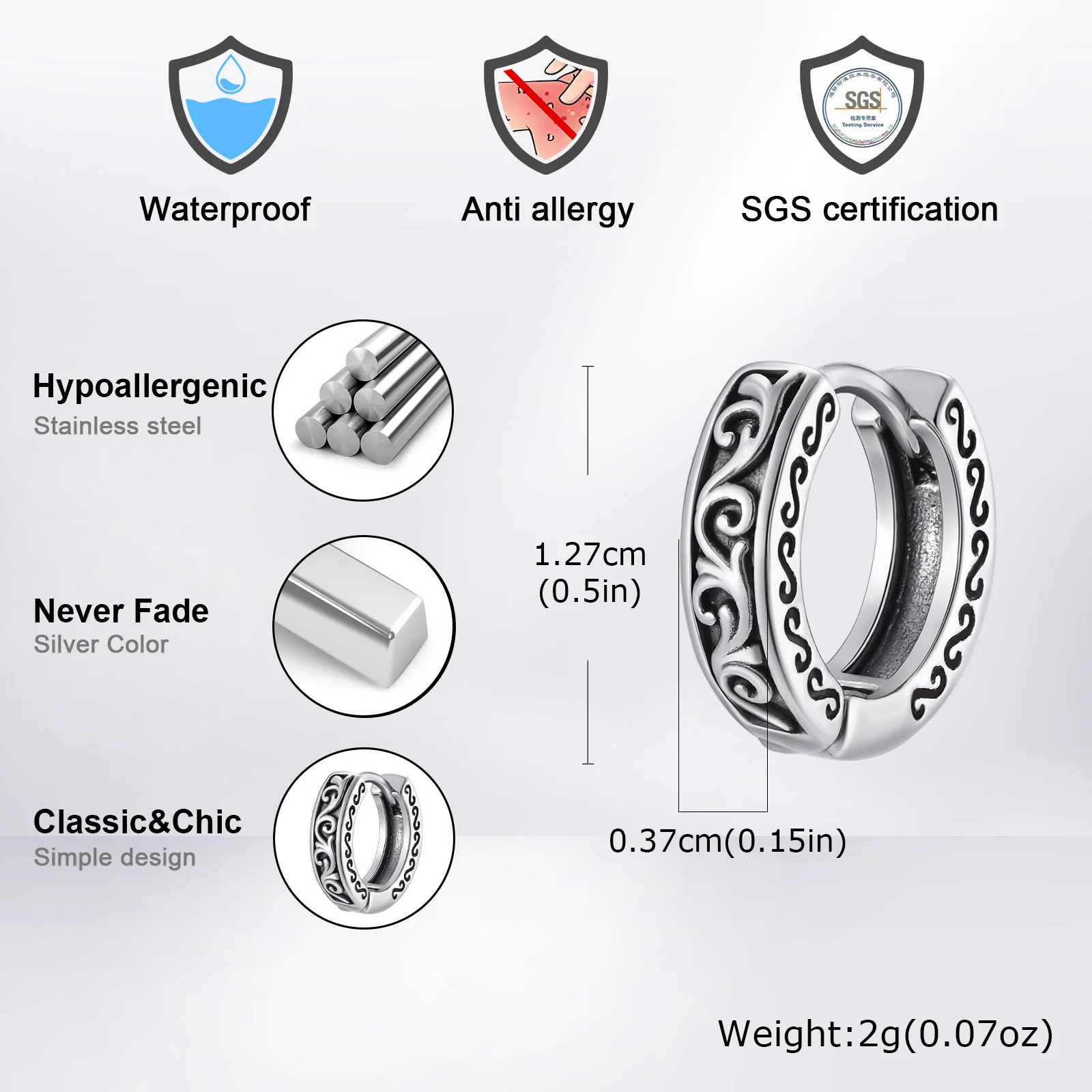 Vnox Stainless Steel Hoop Earrings for Men Women Punk Rock Gothic Ear Jewelry 3.7mm Wide 12.7mm High Hypoallergenic Earrings New