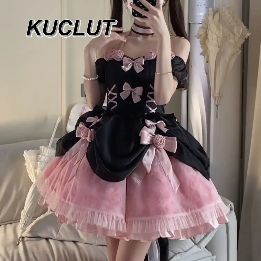 

2025 Summer New Fashion Lolita Sweet and Spicy Ball Gown Dresses for Women Princess Style Waist Fishbone Short Dress Femme