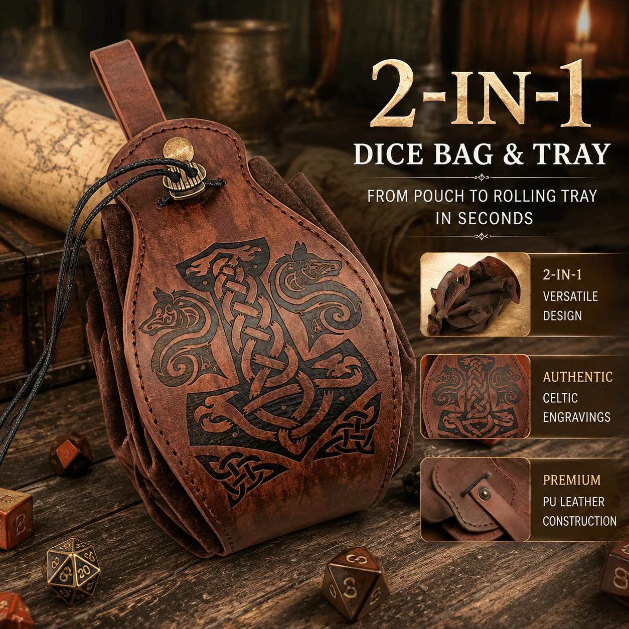 DND Dice Bag Tray 2In1 Leather Celtic Dragon Design RPG Accessories Tabletop Gaming Gift LARP Medieval Drawstring Pouch Cosplay