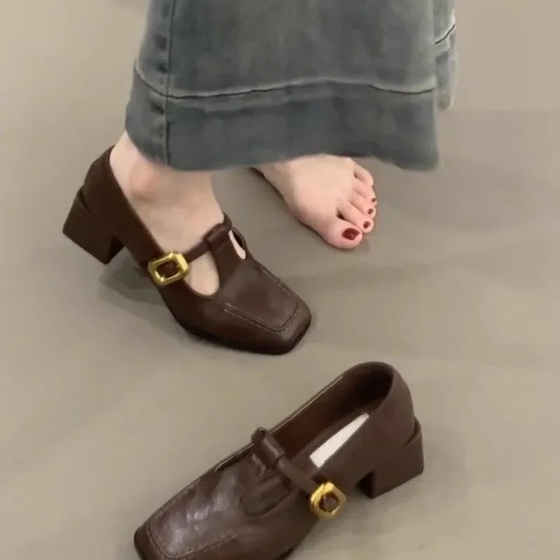Women Square Toe T-Strap Mary Jane Shoes Gold Buckle Low Block Heel Soft Leather Vintage Ladies Fall Casual Dress Shoes view 5
