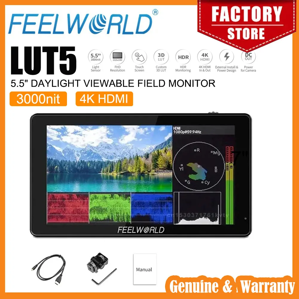 

FEELWORLD 5.5 Inch DSLR Camera Field Monitor 3000nit LUT5 Touch Screen Ultra High Bright 1920X1080 IPS Panel 4K HDMI Monitor