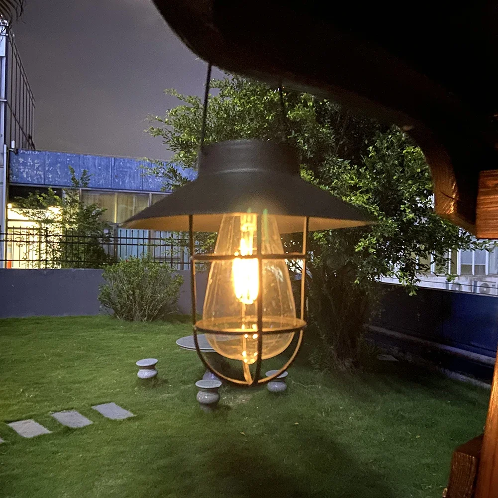 Solar Lantern Lamp Outdoor Hanging Tent Lamp Waterproof Vintage Metal Solar Lights with Tungsten Bulb for Patio Garden Decor