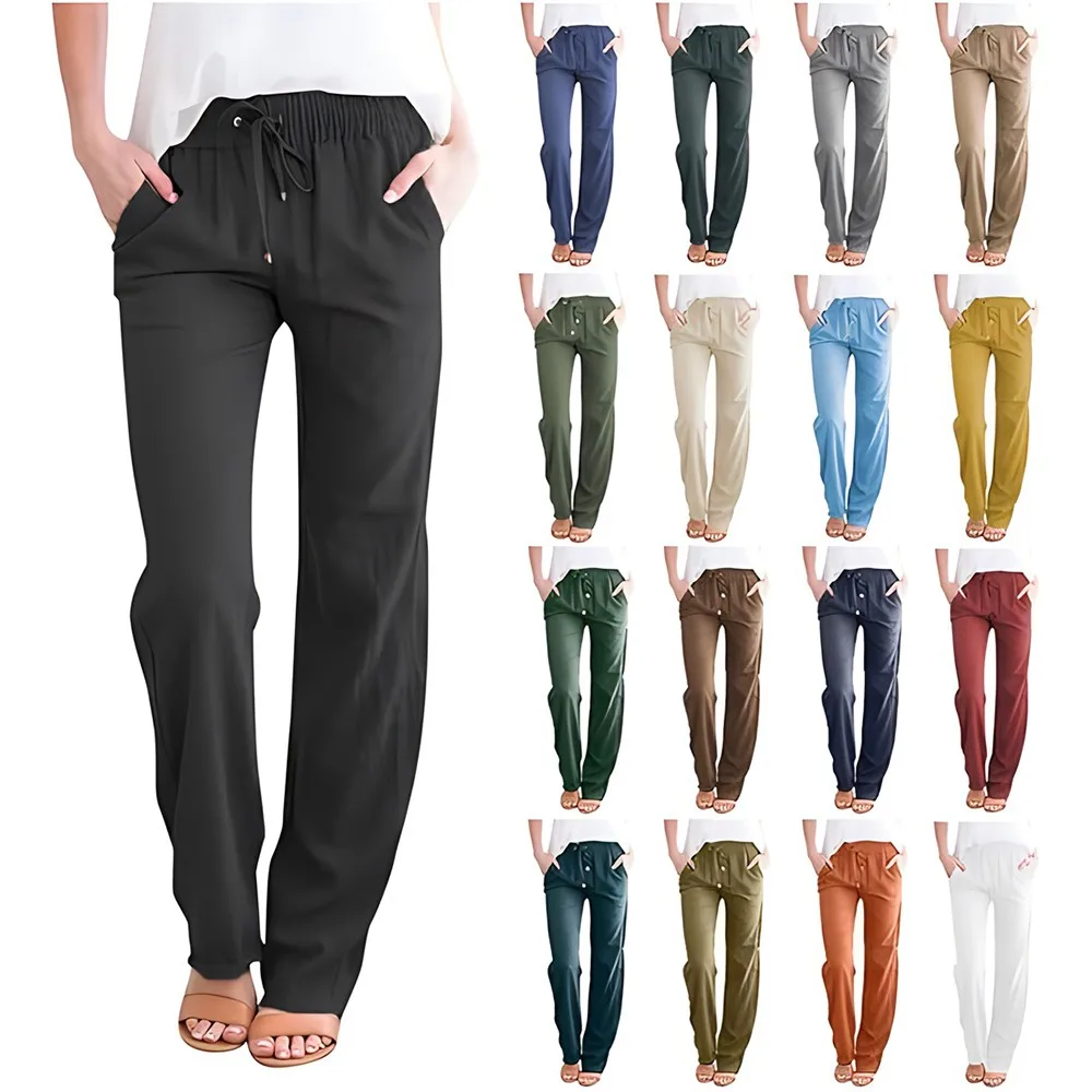 

Womens Casual Pants Straight Leg Drawstring Elastic High Waist Loose Comfy Trousers with Pockets