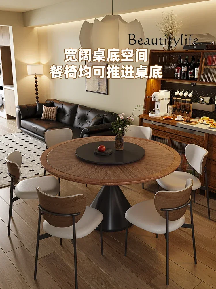 N19 Medieval solid wood texture round rock slab dining table French retro cream household high-end dining table