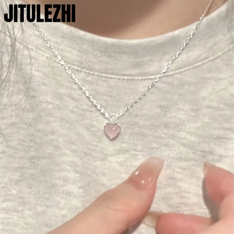 925 Sterling Silver Necklace Pendant For Women Jewelry Pink Love Necklace Korean Luxury Design Heart-shaped Collarbone Chain New