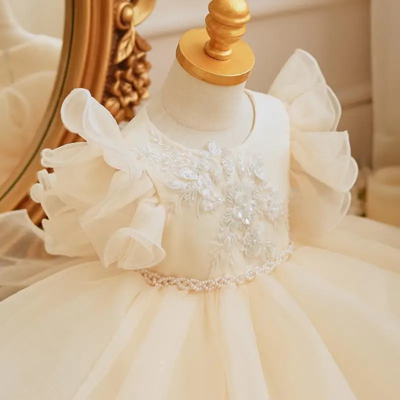 Custom Flower Girl Dress Wedding Gown Birthday Party Dress Lace Embroidered Ruffle Sleeve Tulle Tutu Princess Dress For Little
